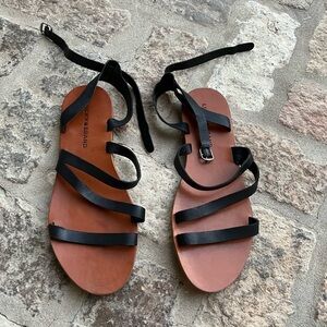Lucky Brand Black Leather Wrap Sandals with Brown Footbed